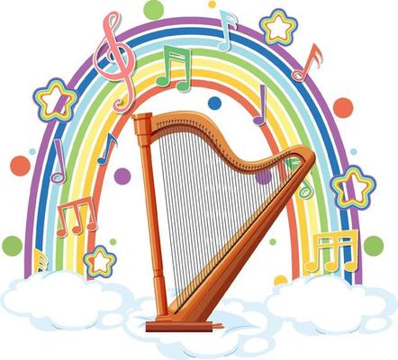 Harp with melody symbols on rainbow