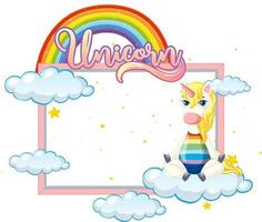 Banner vacío con lindo personaje de dibujos animados de unicornio sobre fondo blanco. vector