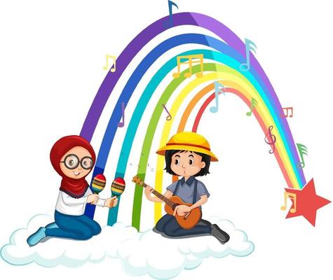 Two kids playing guitar and maracas with rainbow