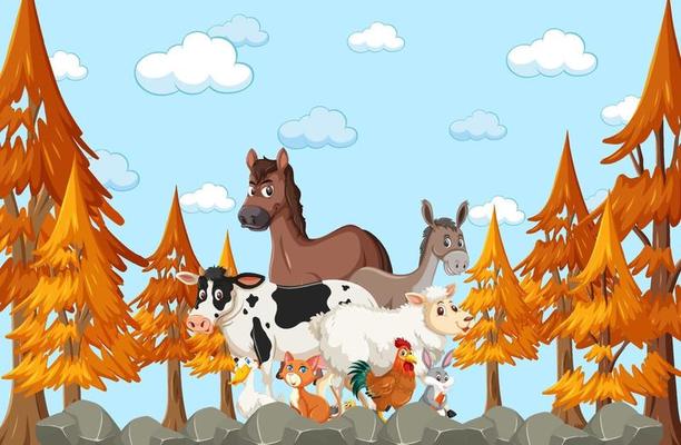 Farm animals group in autumn forest scene