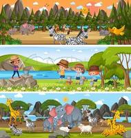 paisaje de naturaleza diferente en la escena diurna con personaje de dibujos animados vector