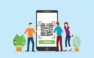 escaneo de tecnología qrcode con gente del equipo de oficina en círculo vector