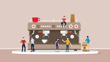 coffee machine with people and cup of warm coffee vector