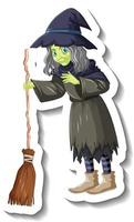 Old witch holding broomstick cartoon character sticker vector