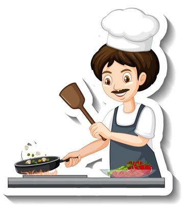 A chef man with chocolate in a bowl cartoon sticker