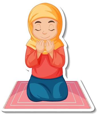 A sticker template with Muslim girl sitting on rug and praying