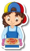 pegatina de personaje de dibujos animados con chica chef sosteniendo bandeja de pizza vector