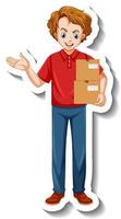 A sticker template with delivery man in uniform holding boxes vector