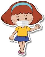 A sticker template with a girl wearing medical mask cartoon character vector