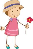 A doodle kid holding flower cartoon character isolated vector