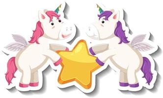 Two cute unicorns holding star together cartoon sticker vector