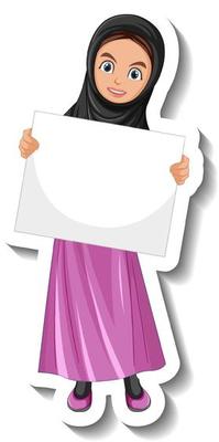 Sticker muslim woman holding blank board on white background