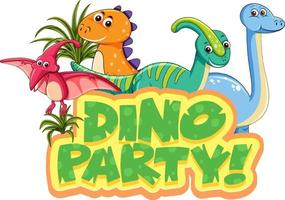 lindo personaje de dibujos animados de dinosaurios con banner de fuente dino party vector