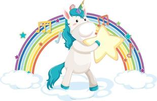 Unicorn standing on cloud with rainbow and melody symbol vector