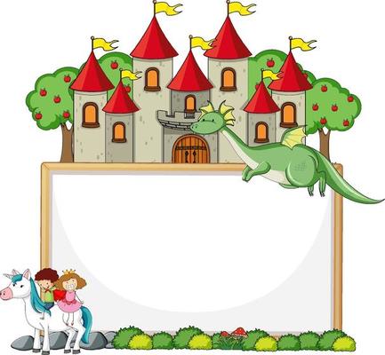 Empty banner with fairy tale cartoon character and elements isolated