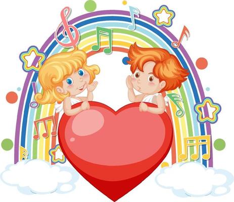 Cupid couple on the cloud with melody symbols on rainbow