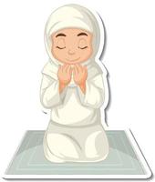 A sticker template with Muslim girl sitting on rug and praying vector