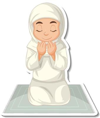 A sticker template with Muslim girl sitting on rug and praying