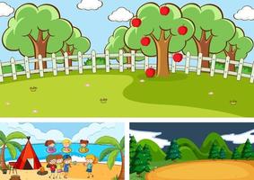 Set of different horizontal scenes with doodle kids cartoon character vector