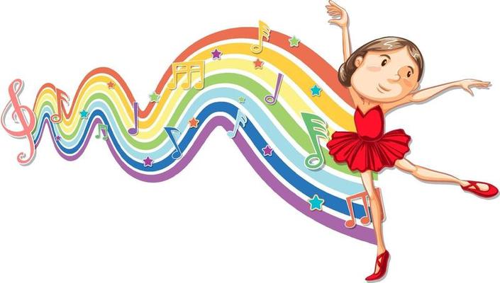 Ballerina with melody symbols on rainbow wave