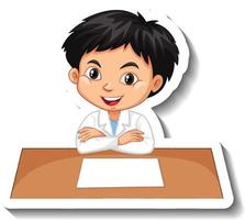 Boy in scientist outfit writing on empty desk vector