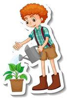 Sticker template with a boy watering plant cartoon character isolated vector
