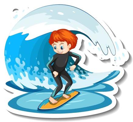 Sticker a boy on surfboard with water wave