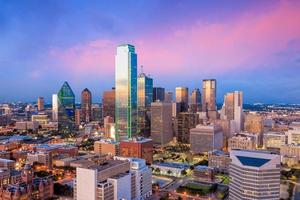 Dallas, Texas cityscape with blue sky at sunset