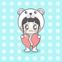 Cute polar bear costume girl holding hearth cartoon illustration vector