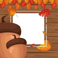 autumn leafs and nuts season in wooden frame vector