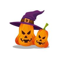 halloween pumpkins with hat witch isolated icon vector