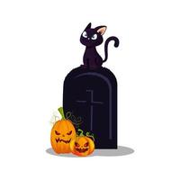 halloween tomb with cat and pumpkins vector