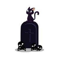 halloween tomb with cat and skulls vector