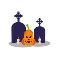 calabaza de halloween con tumbas y velas vector