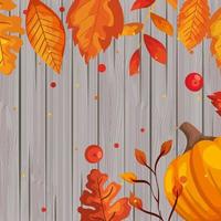 background wooden with autumn leafs and pumpkin vector