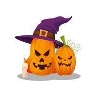 calabazas de halloween con sombrero de bruja y vela vector