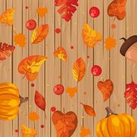 background wooden with autumn leafs and fruits vector