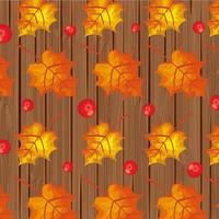 Fondo de madera con hojas de otoño y frutas. vector