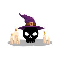 calavera de halloween con sombrero de bruja y velas vector