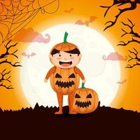 boy disguised of pumpkin in scene halloween vector