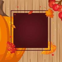 pumpkins and leafs with wooden frame vector