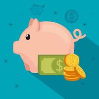 piggy bank with bill and coins vector