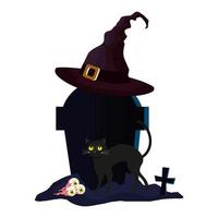 halloween tomb with witch hat and icons vector