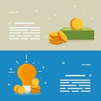 set of bills with coins and light bulb vector