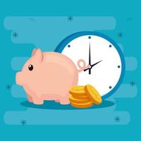 piggy bank with coins and clock vector