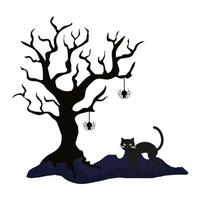 árbol seco con gato y araña de halloween vector