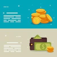 set of coins with wallet and bills vector