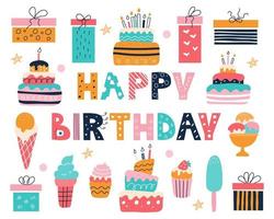 Bright birthday set with an inscription in the doodle style vector