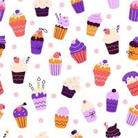 Set colorful cupcakes in the style of flat doodles. Vector pattern