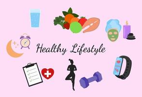 conjunto de estilo de vida saludable. fitness, comida sana y estilo de vida activo vector